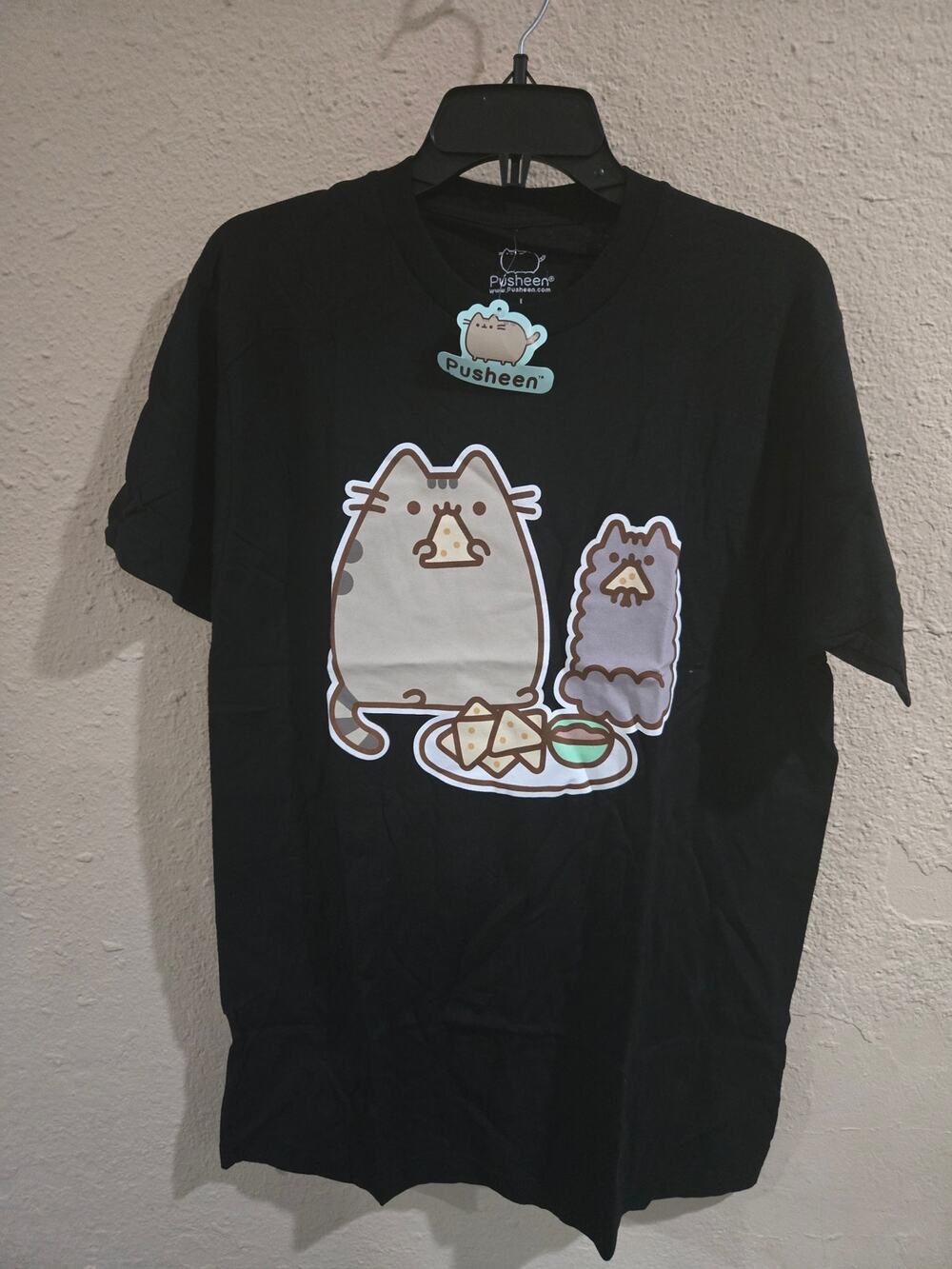 Pusheen Cat Graphic T-Shirt - Chips & Dip, Black, size Large